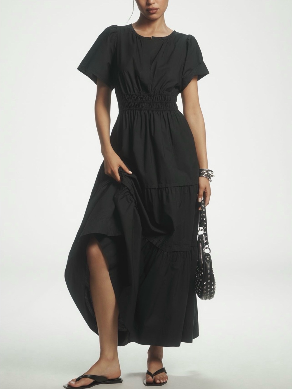 Anthropologie Somerset Black Tiered Maxi Dress with Smocked Waist, size small